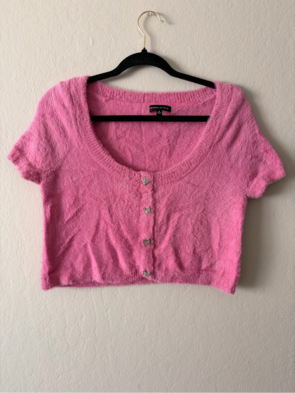 Kendall & Kylie Pink Fuzzy Cropped Button Up Top